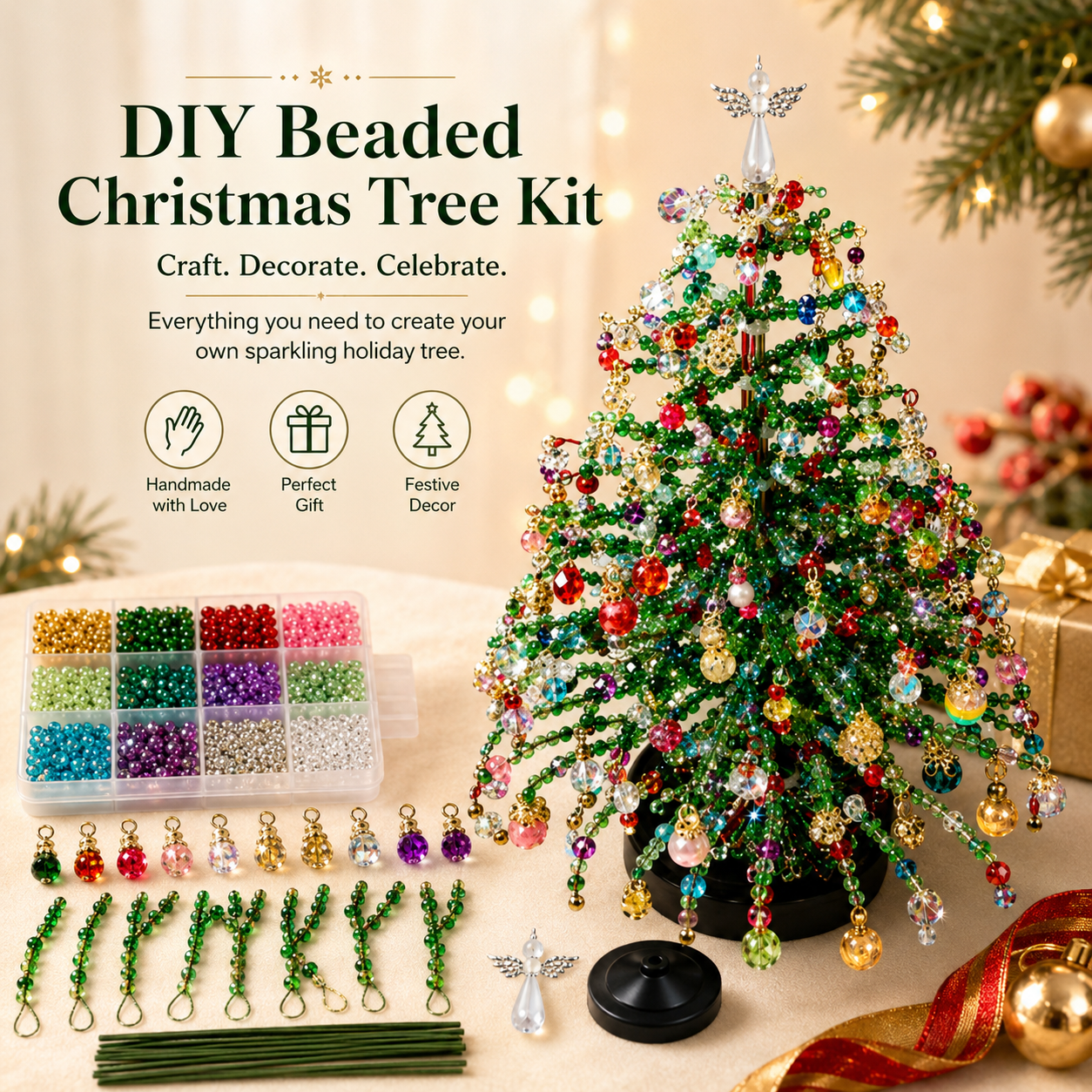 🌲 DIY-kit för julgran med pärlor – handgjort pyssel med en ängel som toppdekoration, färgglad juldekoration i miniformat för skrivbord och bord (komplett allt-i-ett-kit)