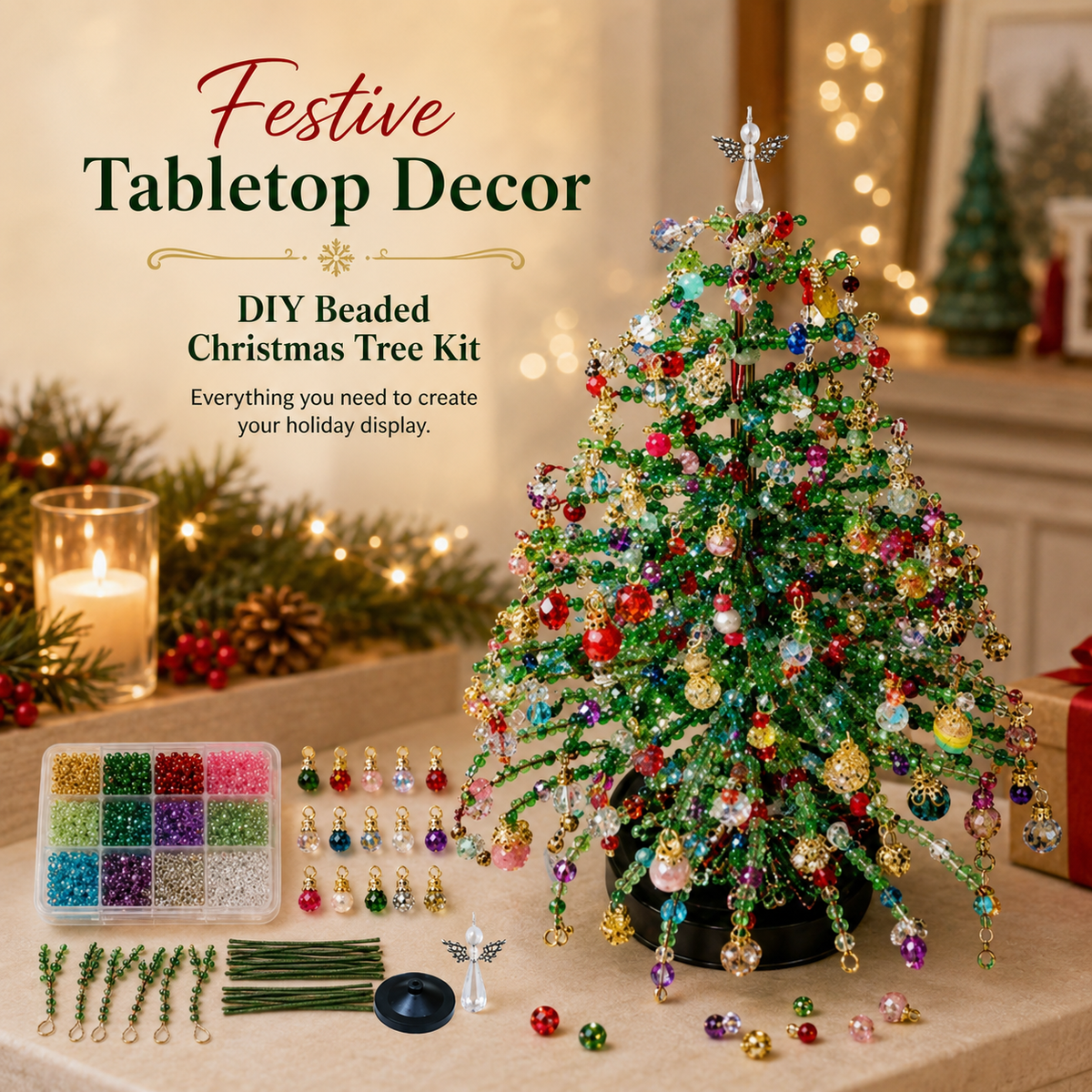 🌲 DIY-kit för julgran med pärlor – handgjort pyssel med en ängel som toppdekoration, färgglad juldekoration i miniformat för skrivbord och bord (komplett allt-i-ett-kit)