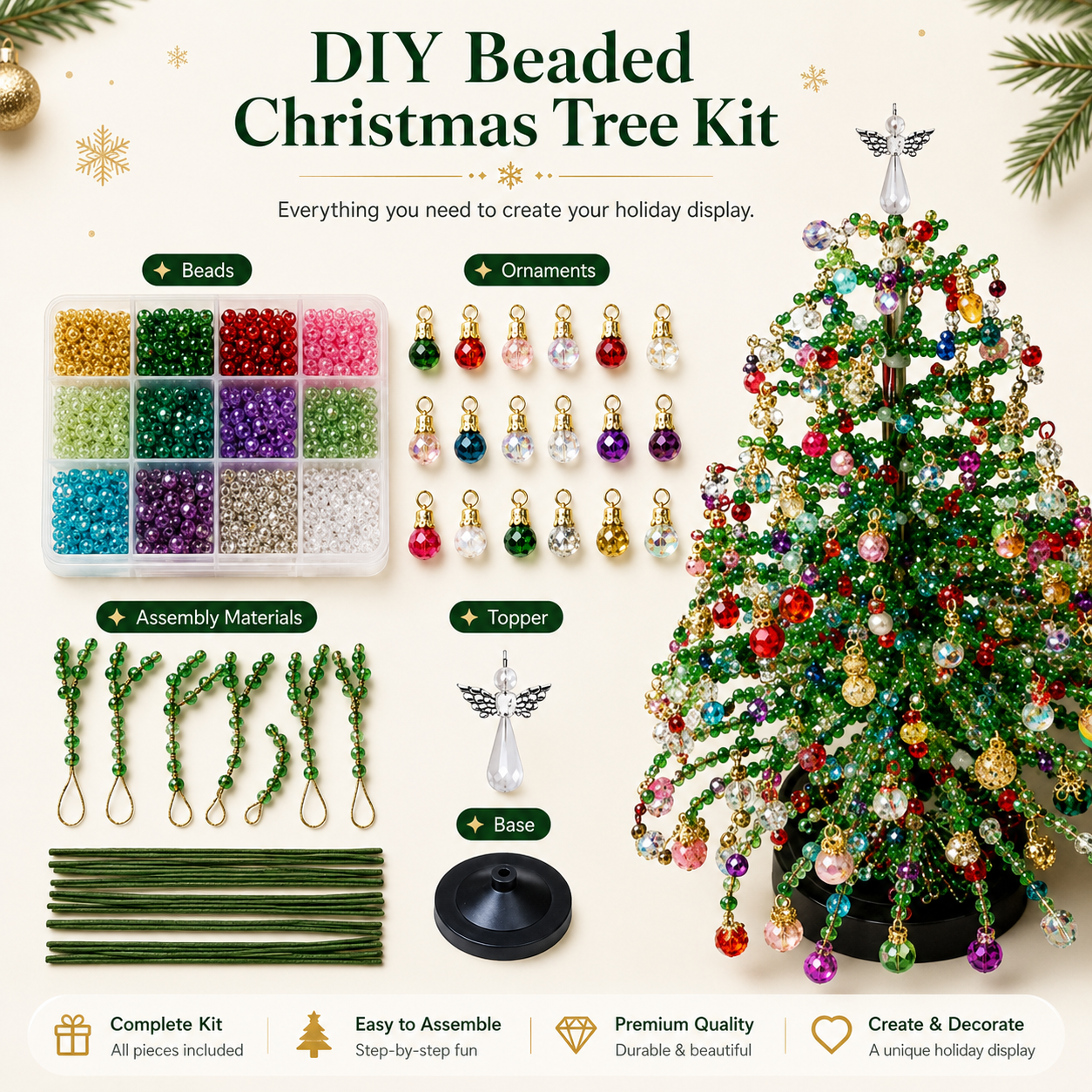 🌲 DIY-kit för julgran med pärlor – handgjort pyssel med en ängel som toppdekoration, färgglad juldekoration i miniformat för skrivbord och bord (komplett allt-i-ett-kit)