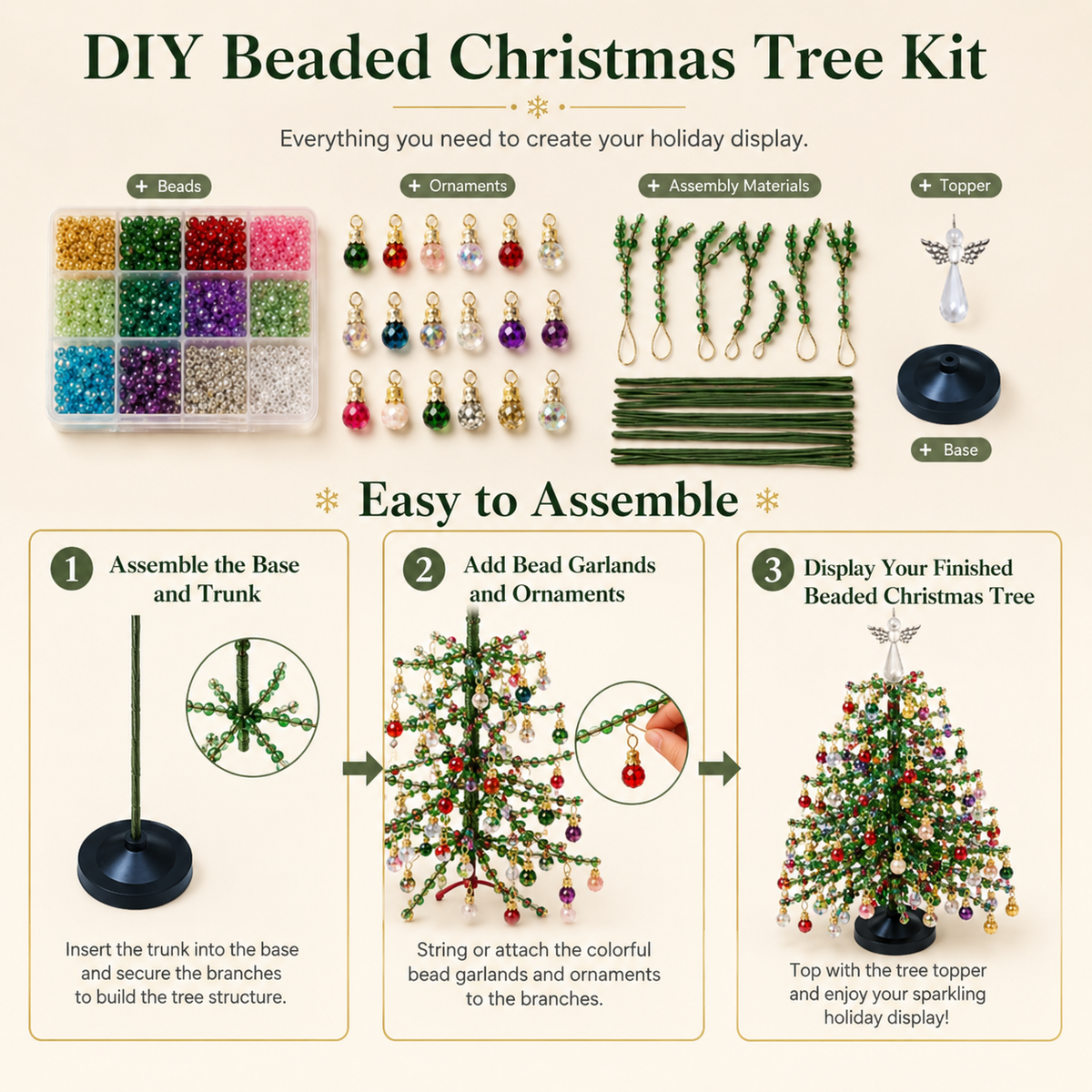 🌲 DIY-kit för julgran med pärlor – handgjort pyssel med en ängel som toppdekoration, färgglad juldekoration i miniformat för skrivbord och bord (komplett allt-i-ett-kit)