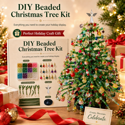 🌲 DIY-kit för julgran med pärlor – handgjort pyssel med en ängel som toppdekoration, färgglad juldekoration i miniformat för skrivbord och bord (komplett allt-i-ett-kit)