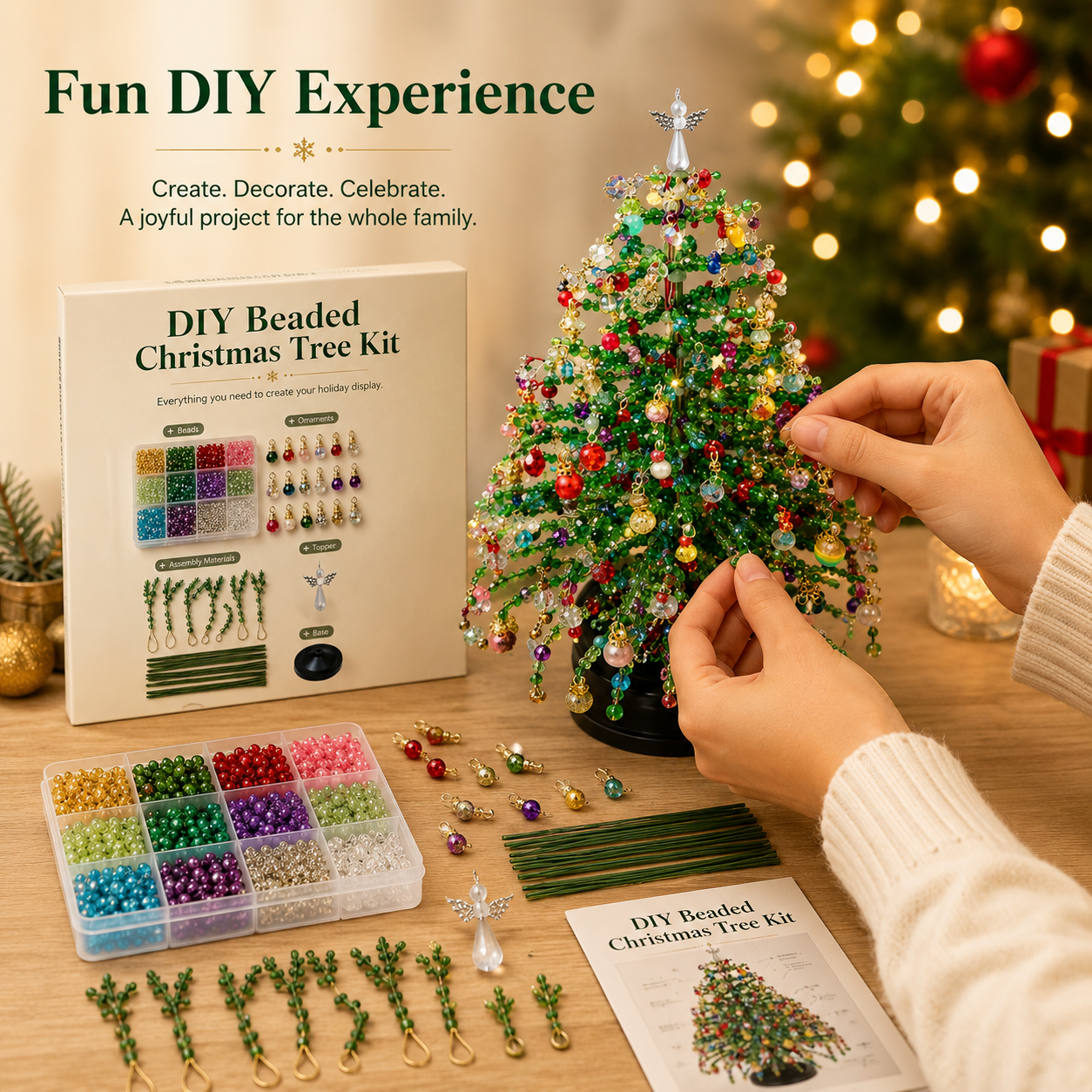 🌲 DIY-kit för julgran med pärlor – handgjort pyssel med en ängel som toppdekoration, färgglad juldekoration i miniformat för skrivbord och bord (komplett allt-i-ett-kit)
