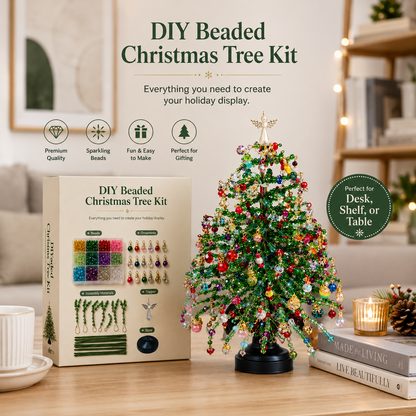 🌲 DIY-kit för julgran med pärlor – handgjort pyssel med en ängel som toppdekoration, färgglad juldekoration i miniformat för skrivbord och bord (komplett allt-i-ett-kit)