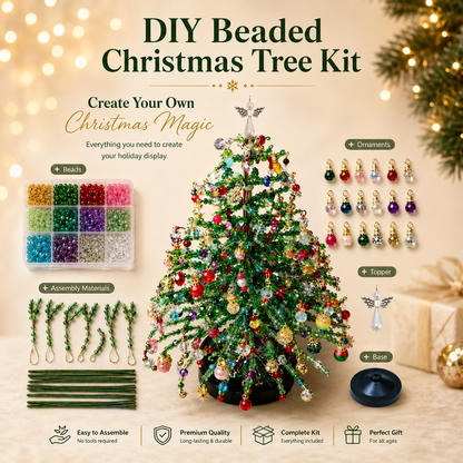 🌲 DIY-kit för julgran med pärlor – handgjort pyssel med en ängel som toppdekoration, färgglad juldekoration i miniformat för skrivbord och bord (komplett allt-i-ett-kit)