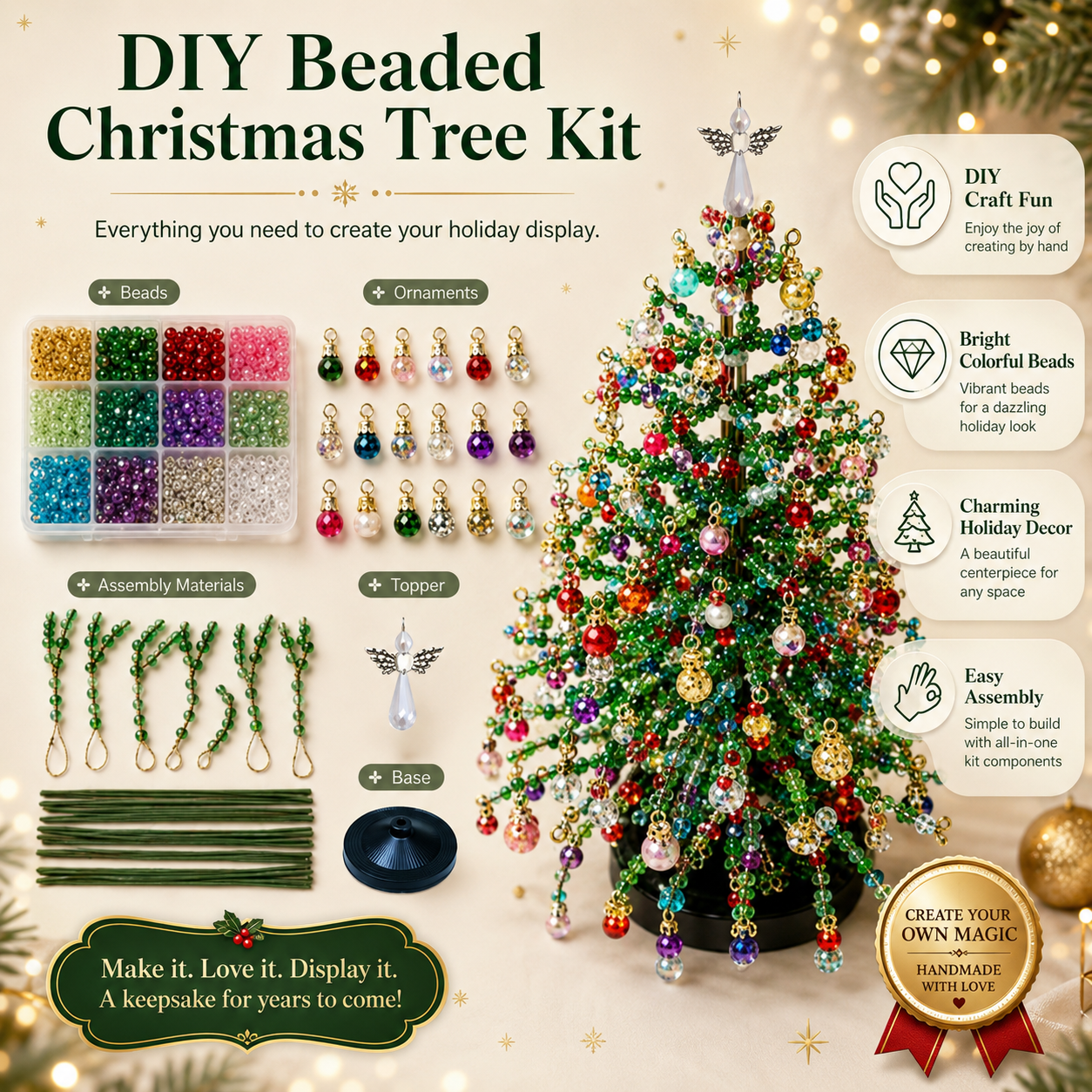 🌲 DIY-kit för julgran med pärlor – handgjort pyssel med en ängel som toppdekoration, färgglad juldekoration i miniformat för skrivbord och bord (komplett allt-i-ett-kit)