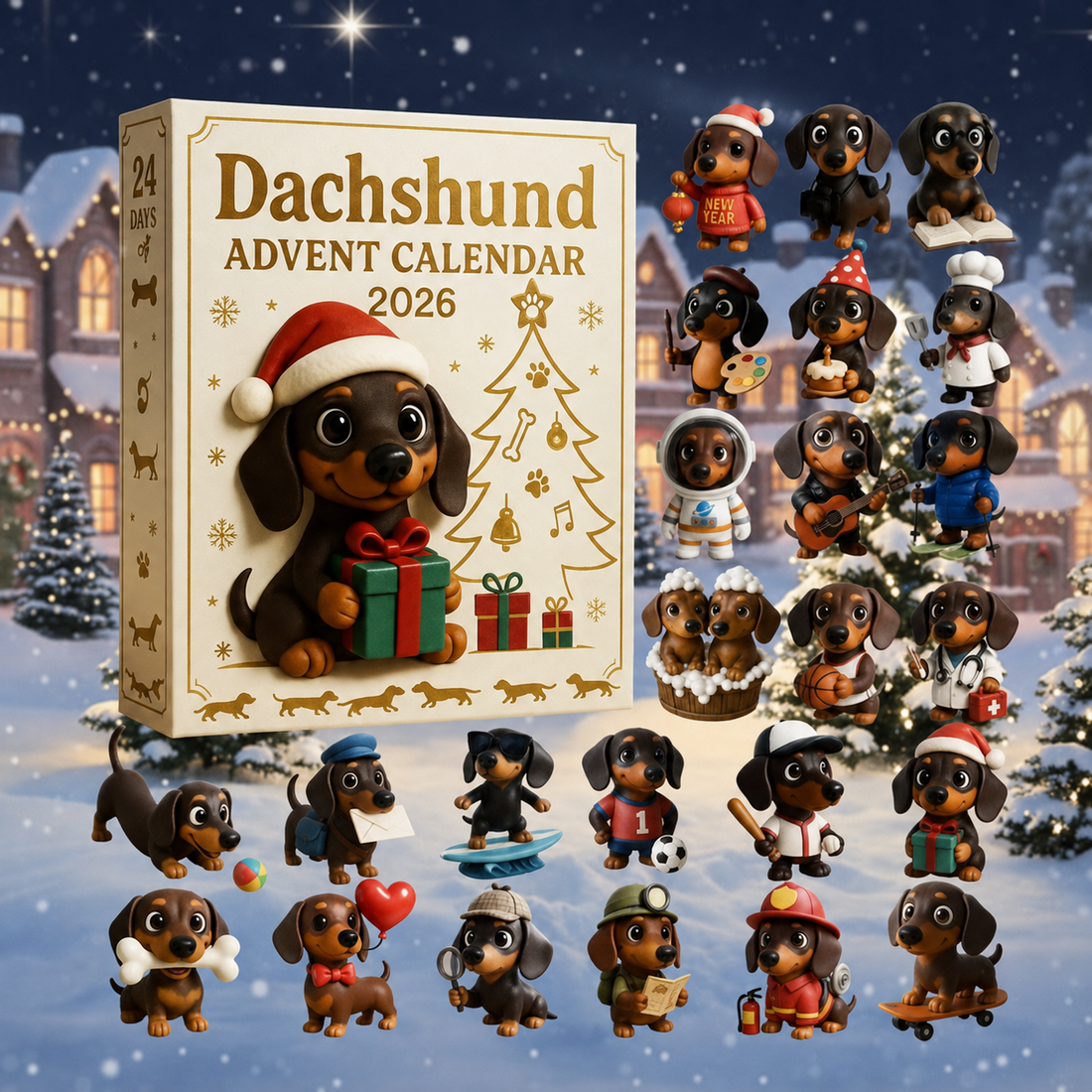 TaxMagi™ – 24 dagars julförväntan med adventskalendern ”Cute Dachshunds” | 2026